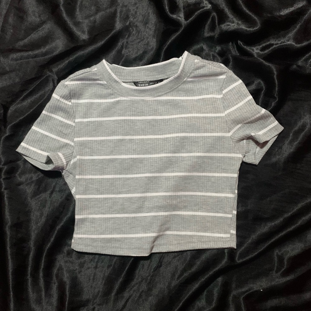Grey and White Striped Crop Tee